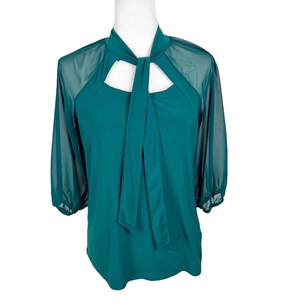 Atelier 29 Blouse Women Small Green Sheer 3/4 Sleeve Tie Neck Solid Casual Top